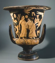 Calyx-krater (stor vase) af maleren fra Nazzano. Keramik med rød figur. Etruskisk civilisation, 4. århundrede f.Kr.