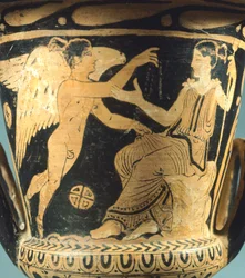 Calyx-krater (stor vase) af Villia Giulia-maleren forestillende Athena og en bevinget ånd. Rød-figur keramik fra Cerveteri (Lazio). Etruskisk civilisation, 4. århundrede f.Kr.
