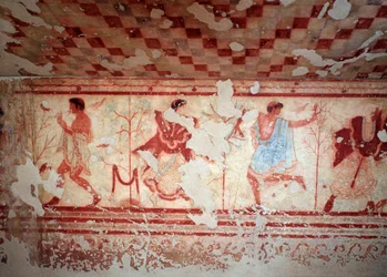 Dansere og musikere under en banket. Fresker af Tomba del triclinium, 5. århundrede f.Kr