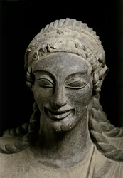 ETRUSKISK KUNST: Apollon (detalje). ca. 510-490 f.Kr. Fra Veius, helligdom i..., ca. 510-490 f.Kr (terrakotta)