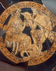 Etruskisk oldtid: detalje af en kylix, der forestiller Poseidon og Amphitrite. Fra Falerii Veteres (Civita Castellana), 6. århundrede f.Kr. Rom, Museo Nazionale di Villa Giulia