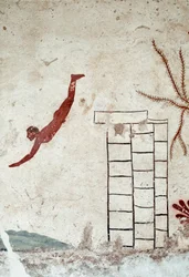 Etruskisk kunst: En ung svømmer, der dykker. Fresko af "dykkerens" grav. Detalje. Fra Paestums sydlige kirkegård. 480-470 f.Kr. Museo Archeologico Nazionale, Paestum