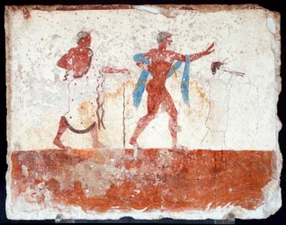 Etruskisk kunst: en ung efeb, en musiker og en ceremonimester. Fresko fra „Dykkerens“ grav. Fra den sydlige nekropol i Paestum. 480-470 f.Kr. Det Nationale Arkæologiske Museum, Paestum