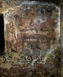 Etruskisk civilisation: Larth Velcha og hans hustru Velia Seithi afbildet ved en banket på en fresko i „Scudi“-graven (Tomba degli Scudi), 340 f.Kr. Monterozzi-nekropolen, Tarquinia, Italien