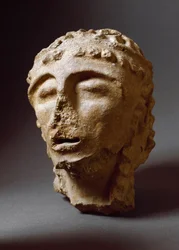 Etruskisk civilisation: Terracotta mands hoved. 550-530 f.Kr. Fra det 2. palads i Murlo. Depositi Soprintendenza Archeologica del 