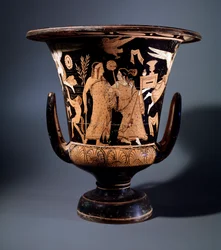 Etruskisk civilisation: terracotta kraterindretning af maleren af Nazzano, der repræsenterer Apollo og en menade, 350 f.Kr. Dim 57 cm, Fra stedet for Civita Castellana