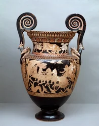 Etruskisk civilisation: terracotta krater med volutter, der repræsenterer Aurora på hendes vogn, 360-340 f.Kr., fra Cerveteri, Italien