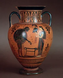 Etruskisk civilisation: terracottahydria, der repræsenterer Thetis, der overgiver våben til sin søn Achilles, 550-500 f.Kr. Fra Cerveteri, Italien