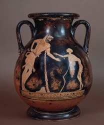 Etruskisk civilisation: terracotta pelike, der repræsenterer Hercules og en gammel mand, symbol på alderdommen, fra Cerveteri, Italien, 5.-4. århundrede f.Kr.