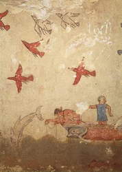 Fiskerbåd, fra graven for jagt og fiskeri, ca. 520-10 f.Kr. (vægmaleri)