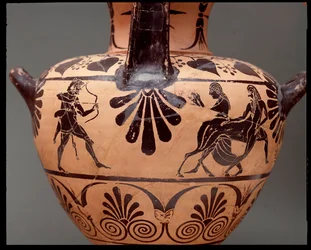 Hydria med fremstilling af Herkules, der skyder en pil på kentauren Nessus, Deianira er den anden fra højre, terracotta, 450-400 f.Kr.