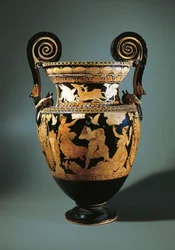 Italien, Lazio, Civita Castellana, volutkrater med rød figur (vase brugt til at blande vin og vand) forestillende Peleus, der kidnapper Thetis, malet af Aurora Painter, 360/340 f.Kr.