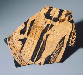 Kylix af Villia Giulia-maleren, fragment. Keramik med rød figur. Etruskisk civilisation, 4. århundrede f.Kr.