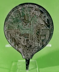 Spejl, der viser Afrodite, der overtaler Helen til at følge Paris til Troja, fra Palestrina (bronze)