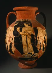 Pelike af Sommavilla-maleren med pige, der præsenterer et granatæble (rekonstrueret). Rød-figur keramik fra Orvieto (Umbria). Etruskisk civilisation, 4. århundrede f.Kr.