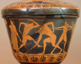 Pyxis med atleter i fitnesscenteret. Keramik med rød figur, fra Cerveteri (Lazio). Etruskisk civilisation, 4. århundrede f.Kr.