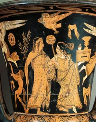 Keramik med røde figurer, Krater, fra Civita Castellana, antikke Falerii, Rom-provinsen, Italien, detalje, kronet Dionysos og Ariadne