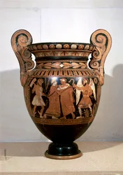 Keramik med røde figurer, Volute krater forestillende Alcestis omfavnende A.D.metus og indskrift af navne, af Alcestis Painter