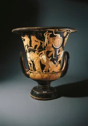 Keramik med rød figur, bægerkrater forestillende Neoptolemus, Astyanax, Helen af Troja og Priamo på jorden, af Nazzano Painter, fra Civita Castellana