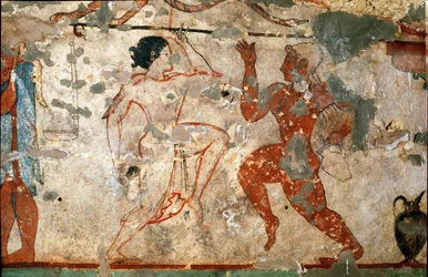 Rituel dans, ung kvinde iført en gennemsigtig tunika og nøgen ung mand. (Detalje af fresko, 520 f.Kr.)