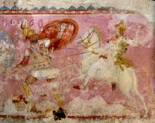 Amazone-sarkofag med malet scene af et slag, hvid kalksten, fra Tarquinia, Latium-regionen, Italien, detalje