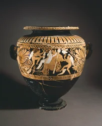 Stamnos (væskebeholder). Rød-figur keramik fra Porano (Umbria). Etruskisk civilisation, 4. århundrede f.Kr.