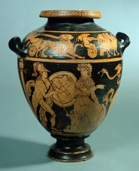 Stamnos, rød-figur keramik fra Vulci (Lazio). Etruskisk civilisation, 4. århundrede f.Kr.