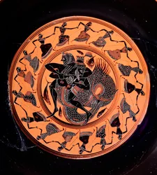 Terracotta kylix skildrer Hercules, der kæmper med Triton, omgivet af sytten dansende Nereider, 6. århundrede f.Kr.
