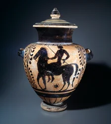 Terracotta stamnos, der repræsenterer en rytter, 500-490 f.Kr