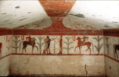 To ryttere, en kvinde og en skægget mand præsenterer en kop (Detalje af fresco, 530 f.Kr.)