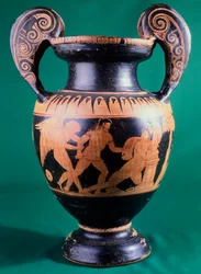Volute krater af maleren af Mainz, forestillende en kriger og en amazone. Keramik med rød figur. Etruskisk civilisation, 4. århundrede f.Kr.
