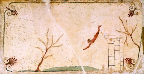 dykker, ca. 480-490 f.Kr., dekorativ fresko fra dækpladen til dykkerens grav i Paestum, Campania, Italien, 5. århundrede f.Kr.