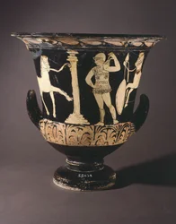krater (stor vase) af Painter of London. Rød-figur keramik fra Gualdo Tadino (Umbria). Etruskisk civilisation, 4. århundrede f.Kr.