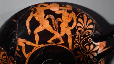 Etruskisk kunst: Kylix dekorerer en komos, rituel kortege af satyrer (første eksempel på etruskisk keramik med røde figurer ved hjælp af relieflinjer). 380 f.Kr. Fra Vulci (?) Paris, Musee Rodin