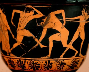 Etruskisk kunst: pyxis dekorerer en palestra scene, atleter øver spydkast fra Cerveteri. Rom, Museo di Villa Giulia
