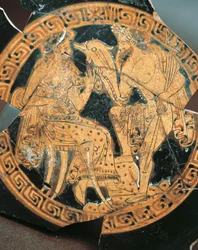 Keramik med røde figurer, indre dekoration af en krater med Poseidon og Amphitrite, etruskisk civilisation