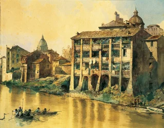 Italien, Rom, Gamle huse langs Tiberfloden, af Ettore Roesler Franz, Akvarel