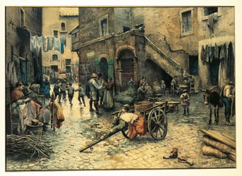 Italien, Rom, Gadeliv på Via Capocciuto i (jødisk) ghetto i Rom af Ettore Roesler Franz, akvarel