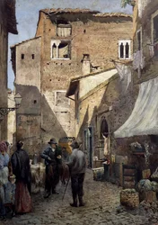 Pierleonis gamle huse i Rom, akvarel af Ettore Roesler Franz (1845-1907), Italien