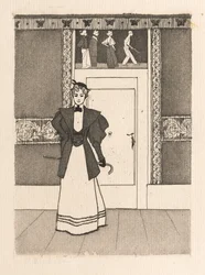 Interiør med ung kvinde i gåkostume, 1895.
