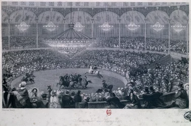 Hesteshow i Franconi cirkus, Champs Elysees, Paris, Eugene Louis Lami (1800-1890), indgraveret af Charles Mottram (1807-1876) taget fra Summer and Winter in Paris