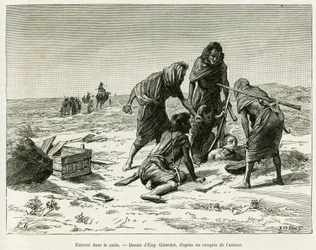 Begravelse i sandet. Stik ved Eugène Girardet til illustration af beretningen Fem måneder blandt de nomadiske maurere i Vestsahara, i 1887, af Camille Douls, i Le Tour du monde 1888, under ledelse af Édouard Charton (1807-1890), Hachette, Paris.