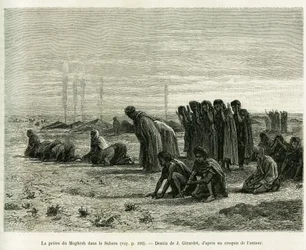 Maghreb-bønnen i Sahara. Stik af J. Girardet til illustration af fortællingen Fem måneder hos de nomadiske maurere i Vestsahara af Camille Douls, 1887, i Le Tour du monde 1888, under ledelse af Édouard Charton (1807-1890), Hachette, Paris