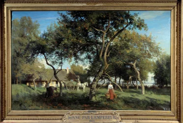 Plukker æbler i Normandiet i 1865. Maleri af Eugene Lavieille (1820-1889)