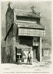 Et Monkay-hus. Gravering af Eugene Burnand til illustration af historien Sur les frontières du Tonkin, af doktor P.Neiss, i le tour du monde 1888, instrueret af Edouard Charton (1807-1890), Hachette, Paris.