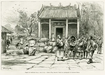 Konferencepagoden, Monkay. Gravering af Eugene Burnand, til illustration af historien Sur les frontières du Tonkin, af doktor P.Neiss, i le tour du monde 1888, instrueret af Edouard Charton (1807-1890), Hachette, Paris.