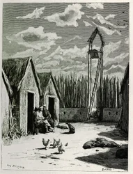 Missionærpladsen i Meuong Ngan. Gravering af Eugene Burnand, for at illustrere historien "Rejsen i Øvre Laos", i 1880, af Dr. P.Neis. Udgivet i Le Tour du monde, nouveau journal des voyages, 2. semester 1885, redigeret af Edouard Charton (1807-1890), red.