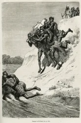 Passagen af Riviere Se Touon (Se Touon), i baggrunden, et portræt af den rejsende fortæller, indgraveret efter en tegning af Eugene Burnand, for at illustrere historien om Laos og de vilde befolkninger i Indokina, af doktor Harmand, i 1877 , udgive