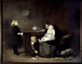 Det syge barn En enkemor kysser sin syge baby. Maleri af Eugene Carriere (1849-1906) 1885 søn. 2x2,46 m Paris, musee d