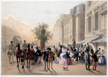Boulevard des Italians, Cafe Tortoni in Paris in the 19th century Engraving by Eugene Guerarddani
